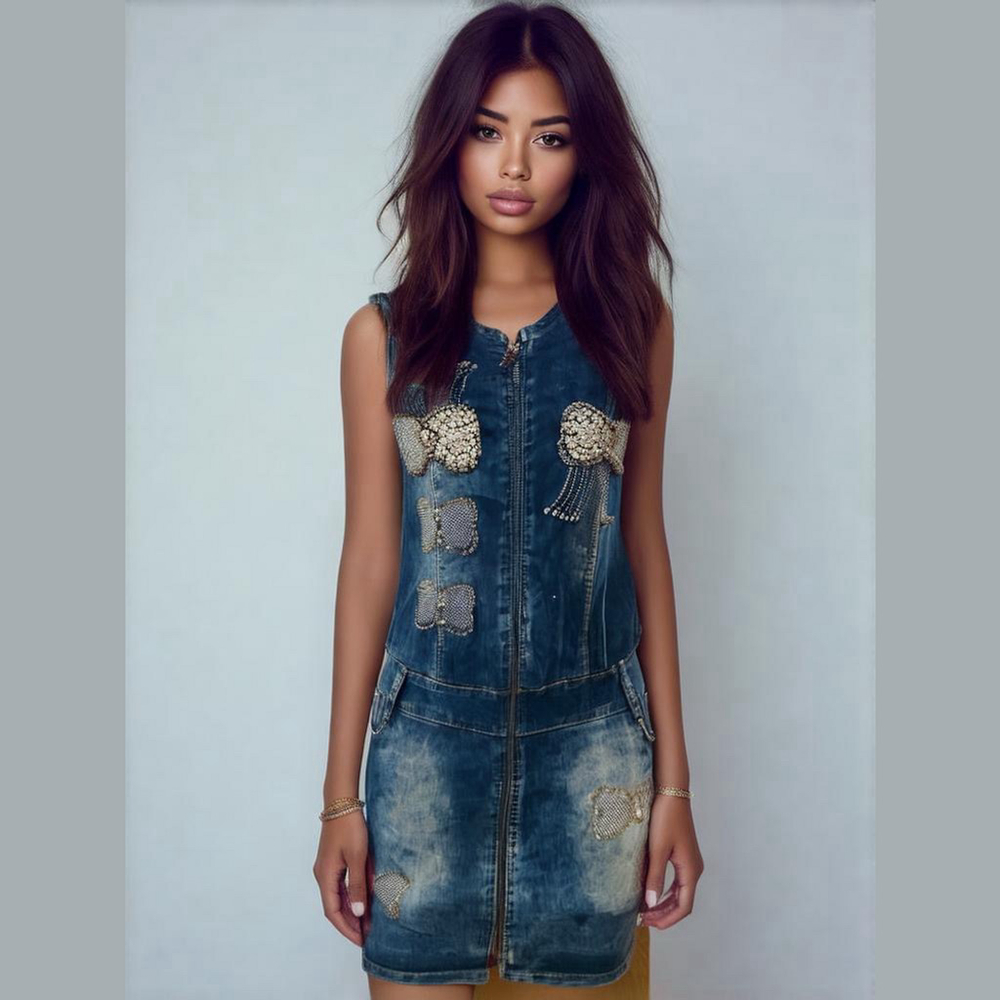 Y2k DENIM MINI DRESS EMBROIDERED BUTTERFLIES RHINESTONES MADE IN EUROPE
